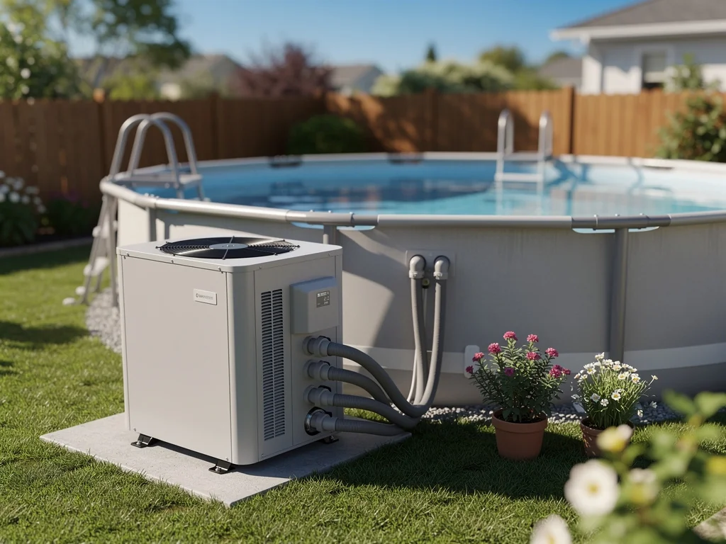 Pompe à chaleur compacte installée près d'une piscine hors-sol