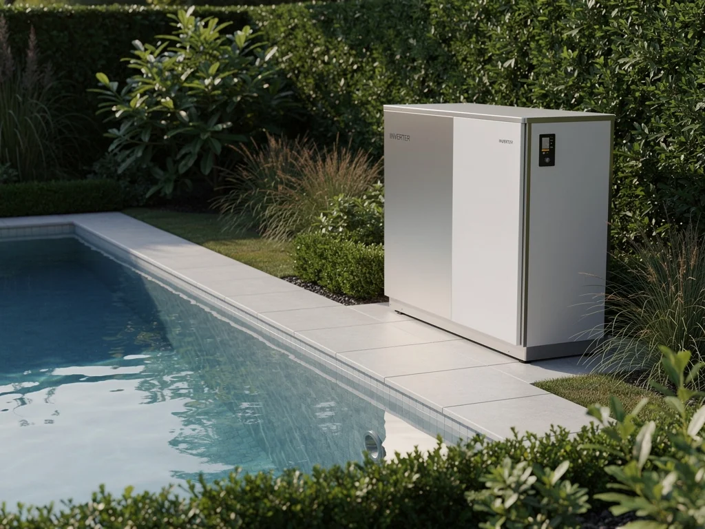 Pompe à chaleur Full Inverter silencieuse dans un jardin avec piscine