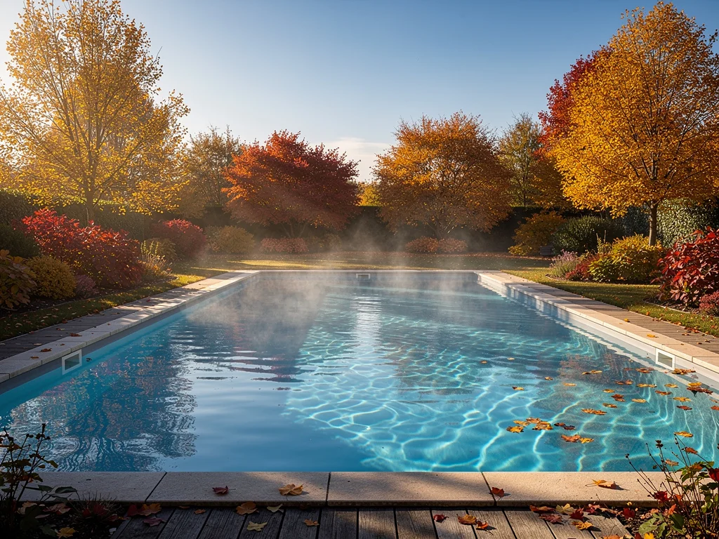 Piscine chauffée en fin de saison, eau claire sous un ciel dégagé